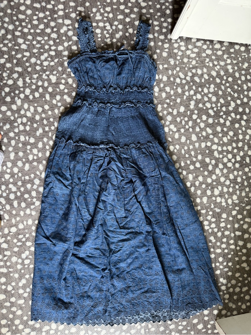 Gap x Doen Smocked Navy Blue Eyelet Midi Dress - Size XS